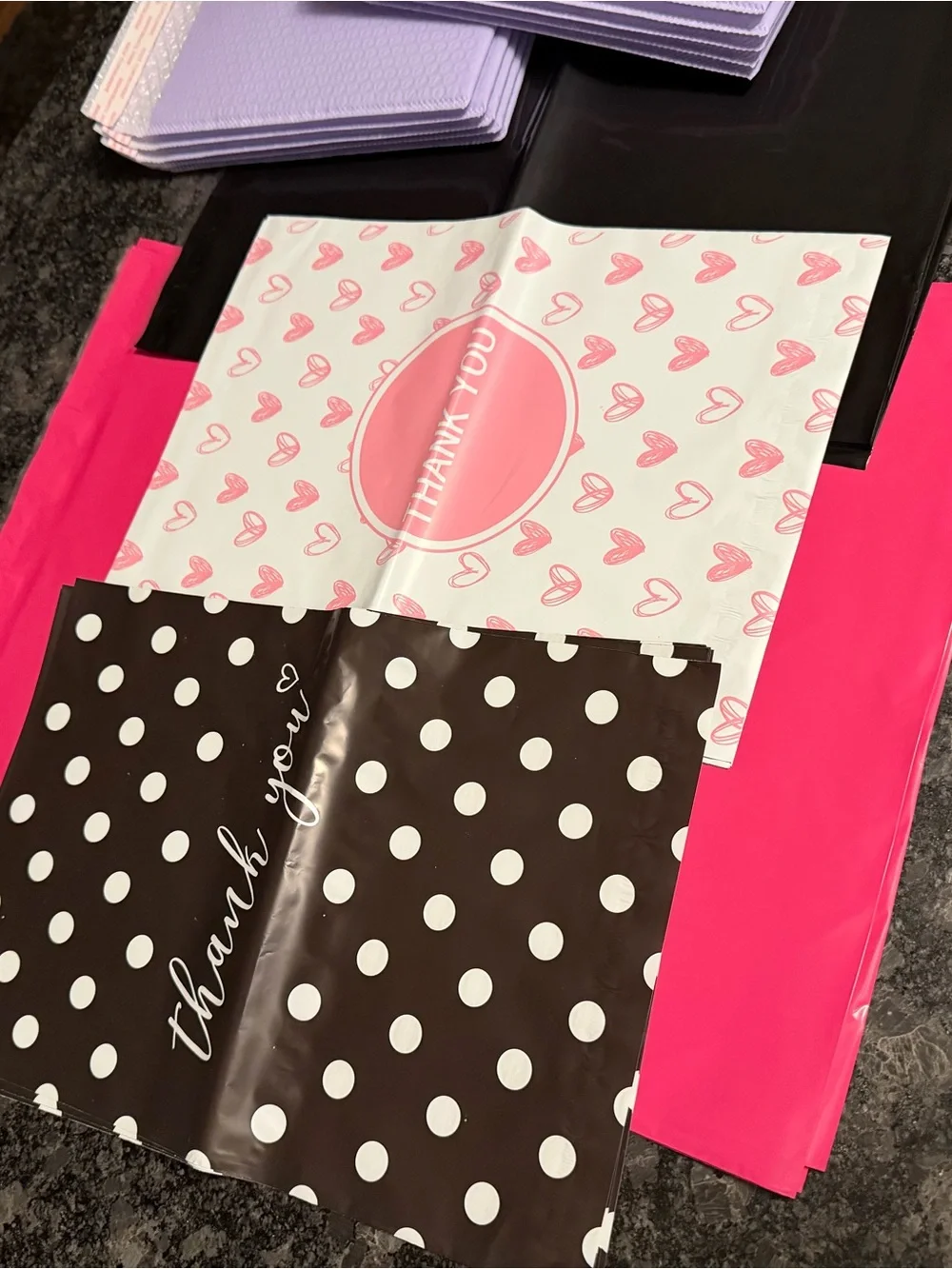 Bundle of 35 PolyMailers Assorted Sizes & Colors Hearts Dots Pink Black Purple